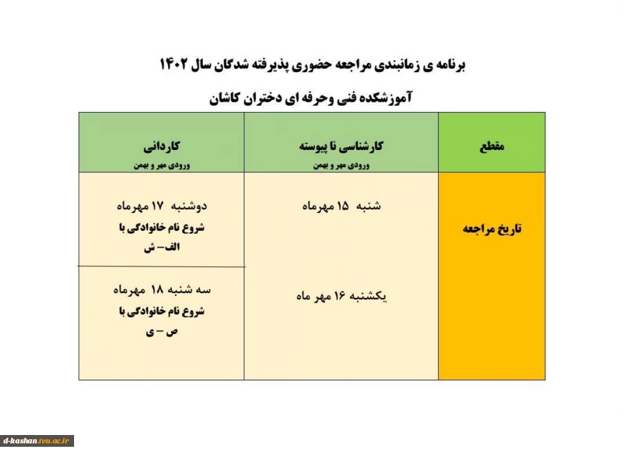 برنامه زمان بندی مراجعه حضوری پذیرفته شدگان سال 1402 2